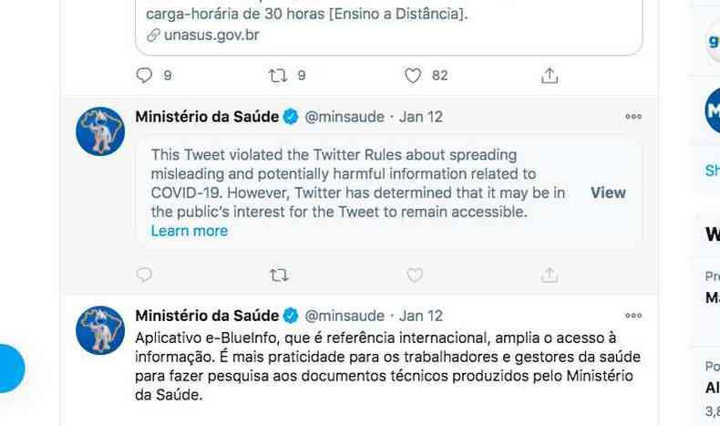 Publicao do Ministrio da Sade foi sinalizada pelo Twitter(foto: Reproduo/Twitter)
