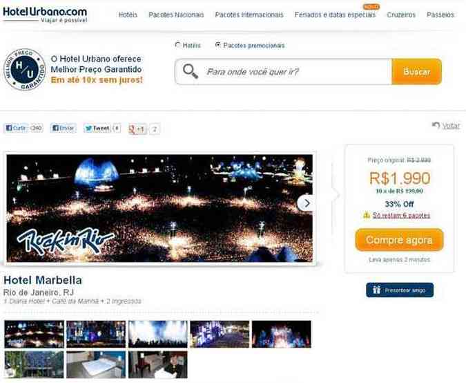 Pgina do Hotel Urbano: site no tem autorizao, mas negocia pacotes e ingressos para o evento(foto: REPRODUO DA INTERNET)