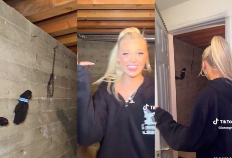 O vídeo abriu uma discussão sobre perigos de sequestros em aplicativos de estadia(foto: Reprodução Redes Sociais ) Montagem de três fotos do vídeo de Loren: a parede com correntes, ela confusa e ela abrindo a porta
