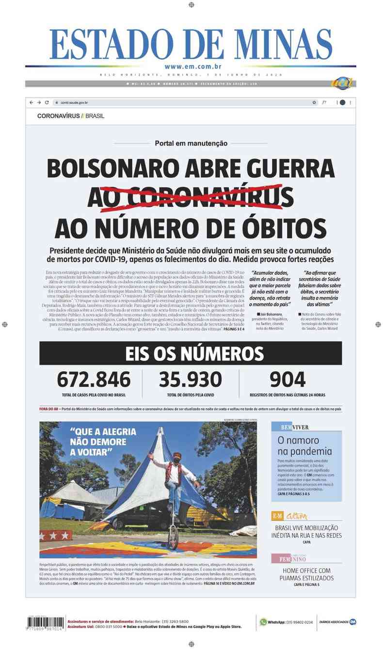 Confira a Capa do Jornal Estado de Minas do dia 07/06/2020(foto: Estado de Minas)