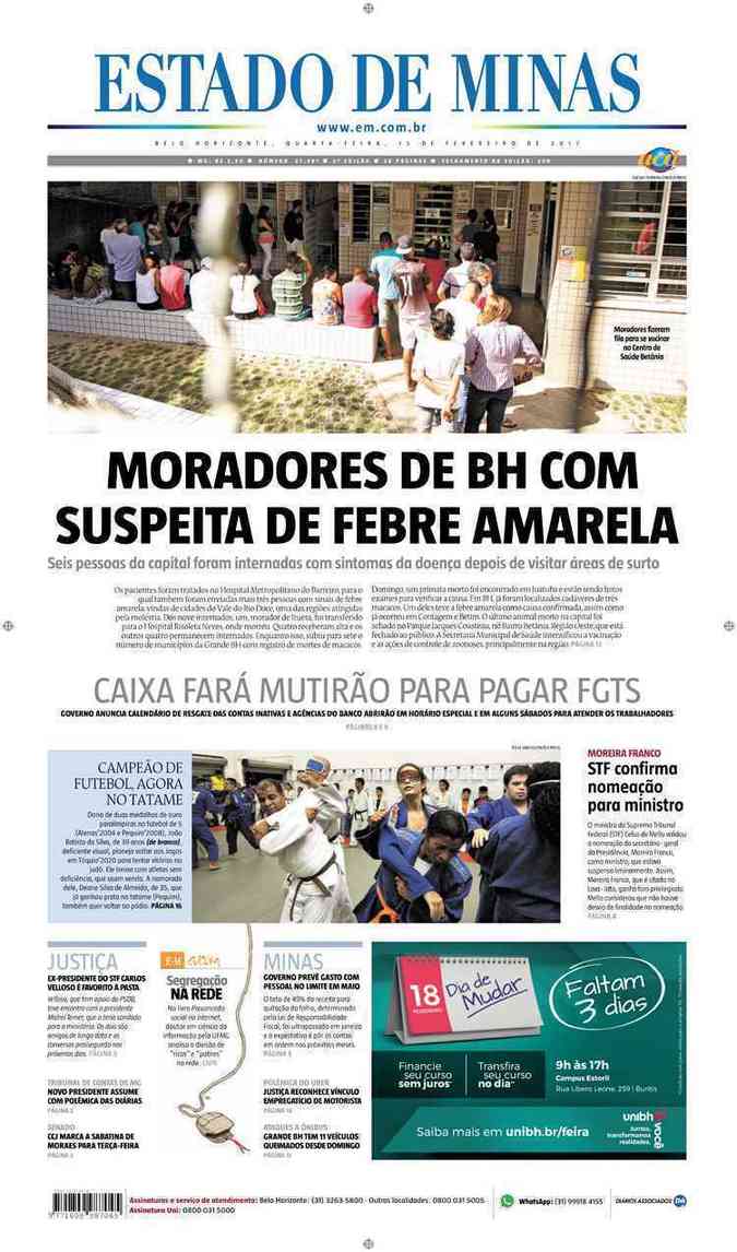 Confira a Capa do Jornal Estado de Minas do dia 15/02/2017