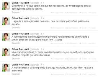 Posts da presidente Dilma sobre a morte de cinegrafista(foto: Reproduo/Twitter)