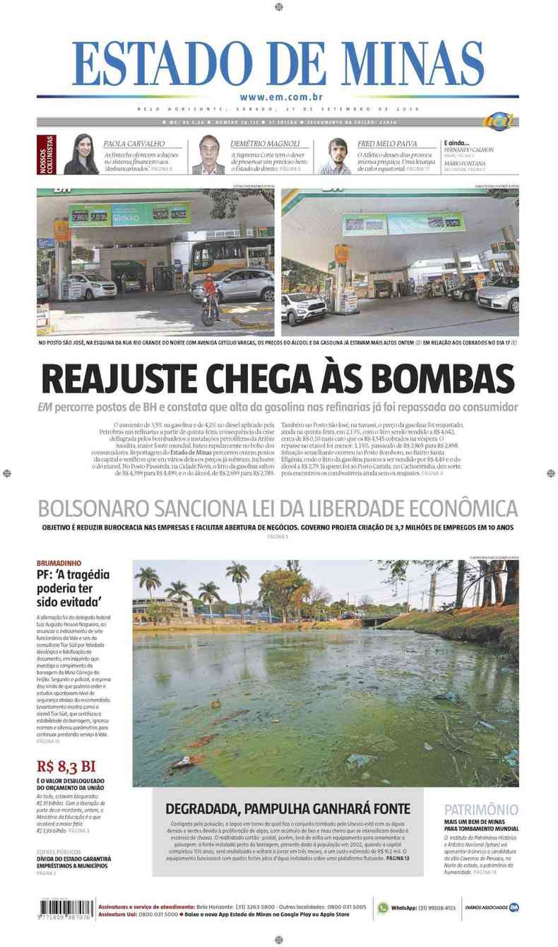 Confira a Capa do Jornal Estado de Minas do dia 21/09/2019(foto: Estado de Minas)