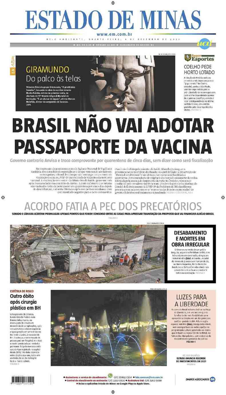 Confira a Capa do Jornal Estado de Minas do dia 08/12/2021
