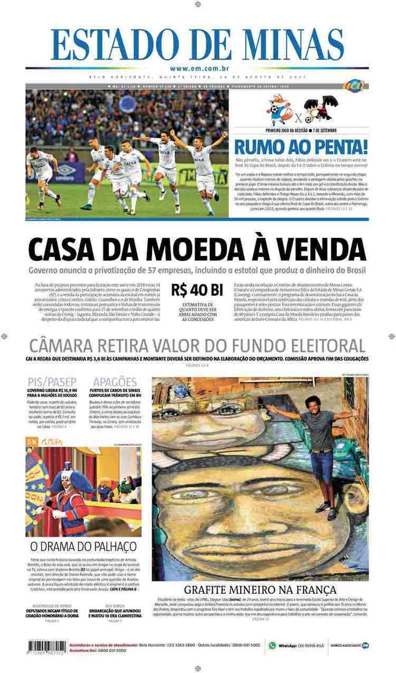 Confira a Capa do Jornal Estado de Minas do dia 24/08/2017