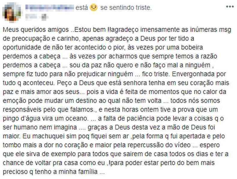 Mulher agredida durante a briga em Poos de Caldas comentou o caso no Facebook(foto: Reproduo da internet/Facebook)