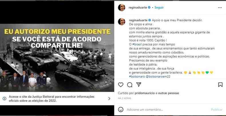 Atriz afirmou que apoia qualquer deciso que Jair Bolsonaro tomar; foto mostra tanques militares na rua