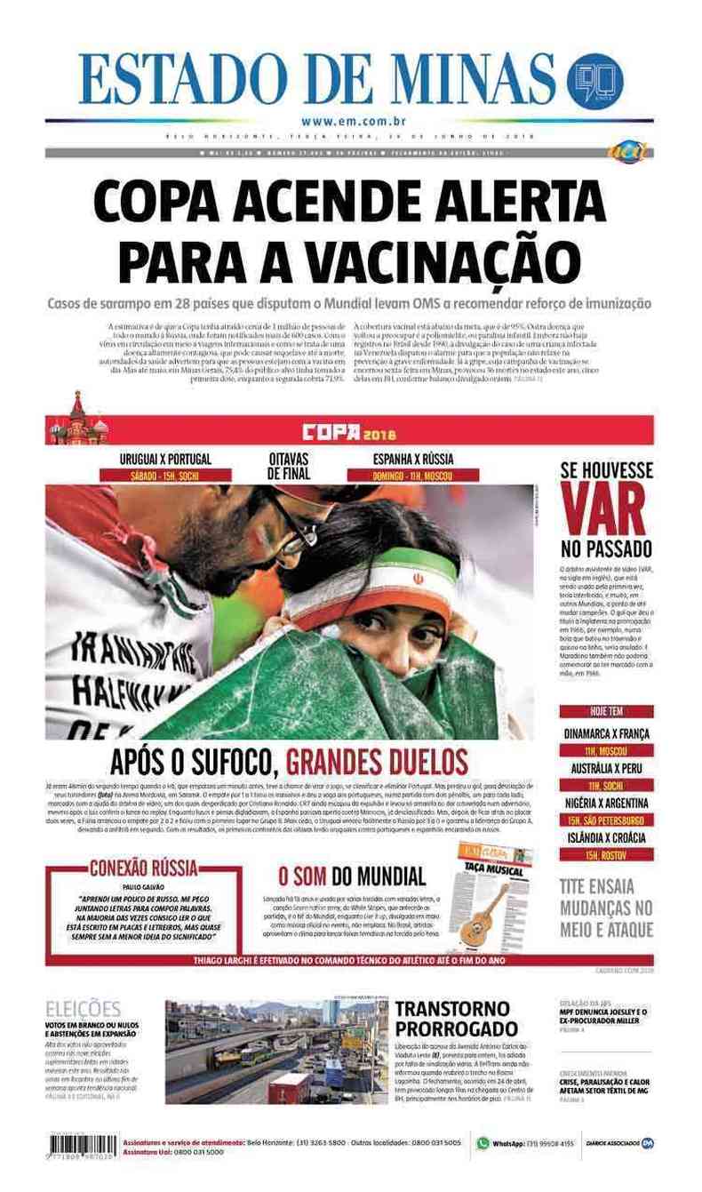 Confira a Capa do Jornal Estado de Minas do dia 26/06/2018