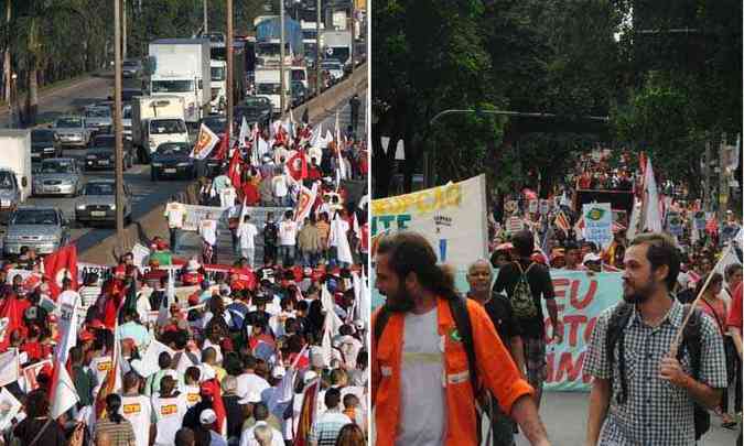 Os manifestantes caminharam pela pista da Ferno Dias at a portaria da Regap. No Centro de BH (direita), a multido se concentrou na Praa Afonso Arinos e depois percorreu a Avenida Afonso Pena at o Centro (foto: Edsio Ferreira/EM/D.A PRESS / Tlio Santos/EM/D.A PRESS)