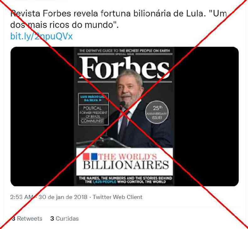 capa da revista Forbes com Lula estampado e x vermelho para mostrar que a imagem é falsa 