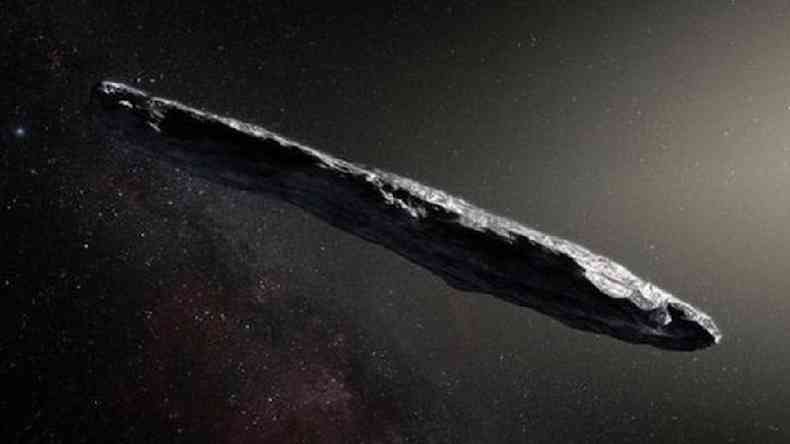 Ilustrao de Oumuamua, apontado como o primeiro corpo celeste identificado que parece ter vindo de fora do Sistema Solar