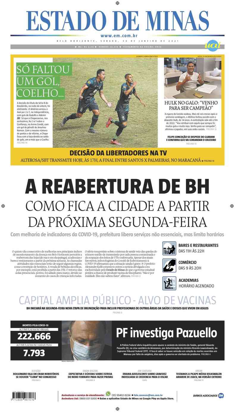 Confira a Capa do Jornal Estado de Minas do dia 30/01/2021(foto: Estado de Minas)