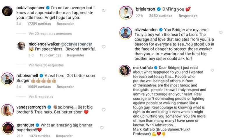 Celebridades enviaram mensagens de apoio ao pequeno Bridger exaltando a coragem dele(foto: Reproduo da internet/Instagram)