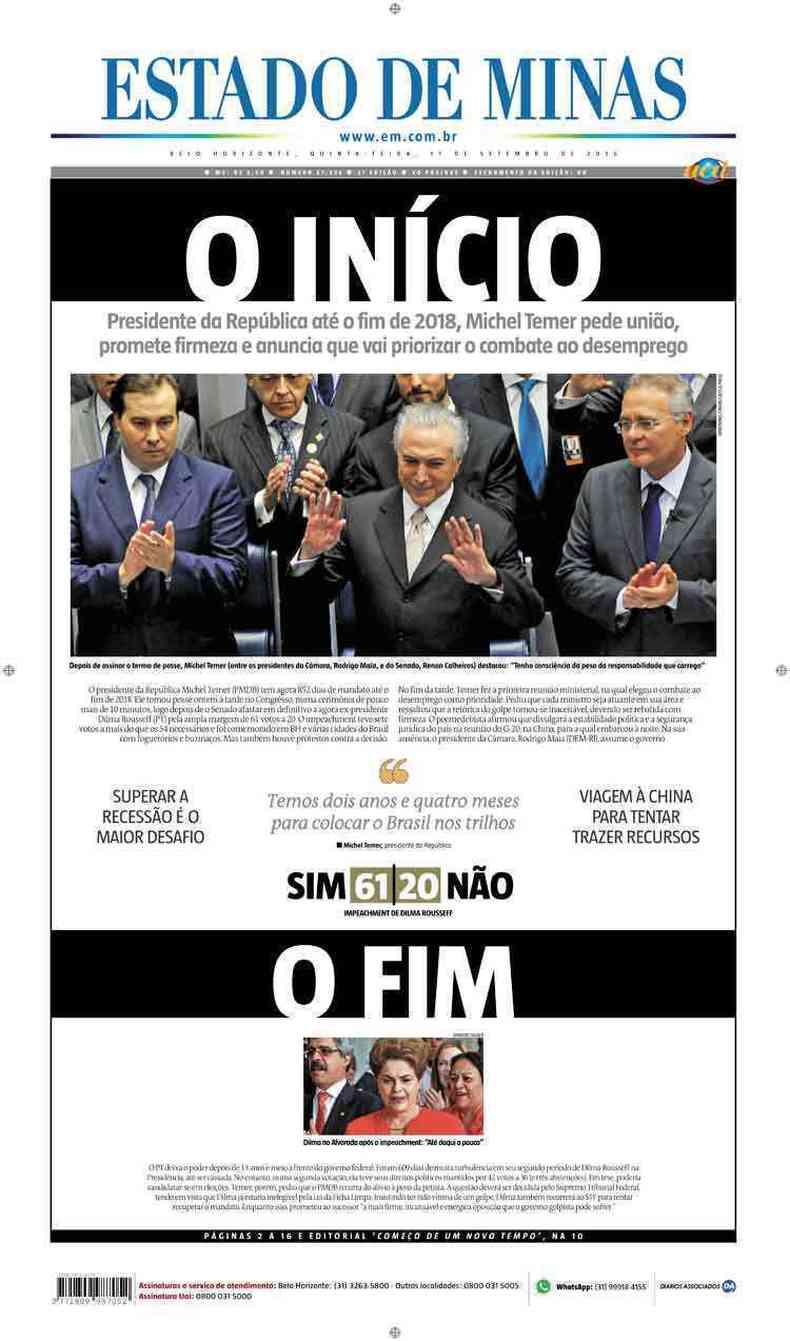 Confira a Capa do Jornal Estado de Minas do dia 01/09/2016