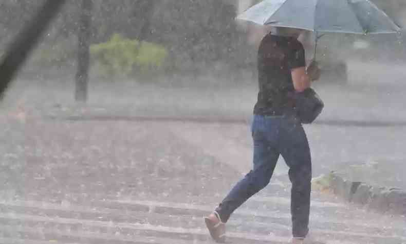 Imagem de uma pessoa andando com guarda-chuvas debaixo d'gua