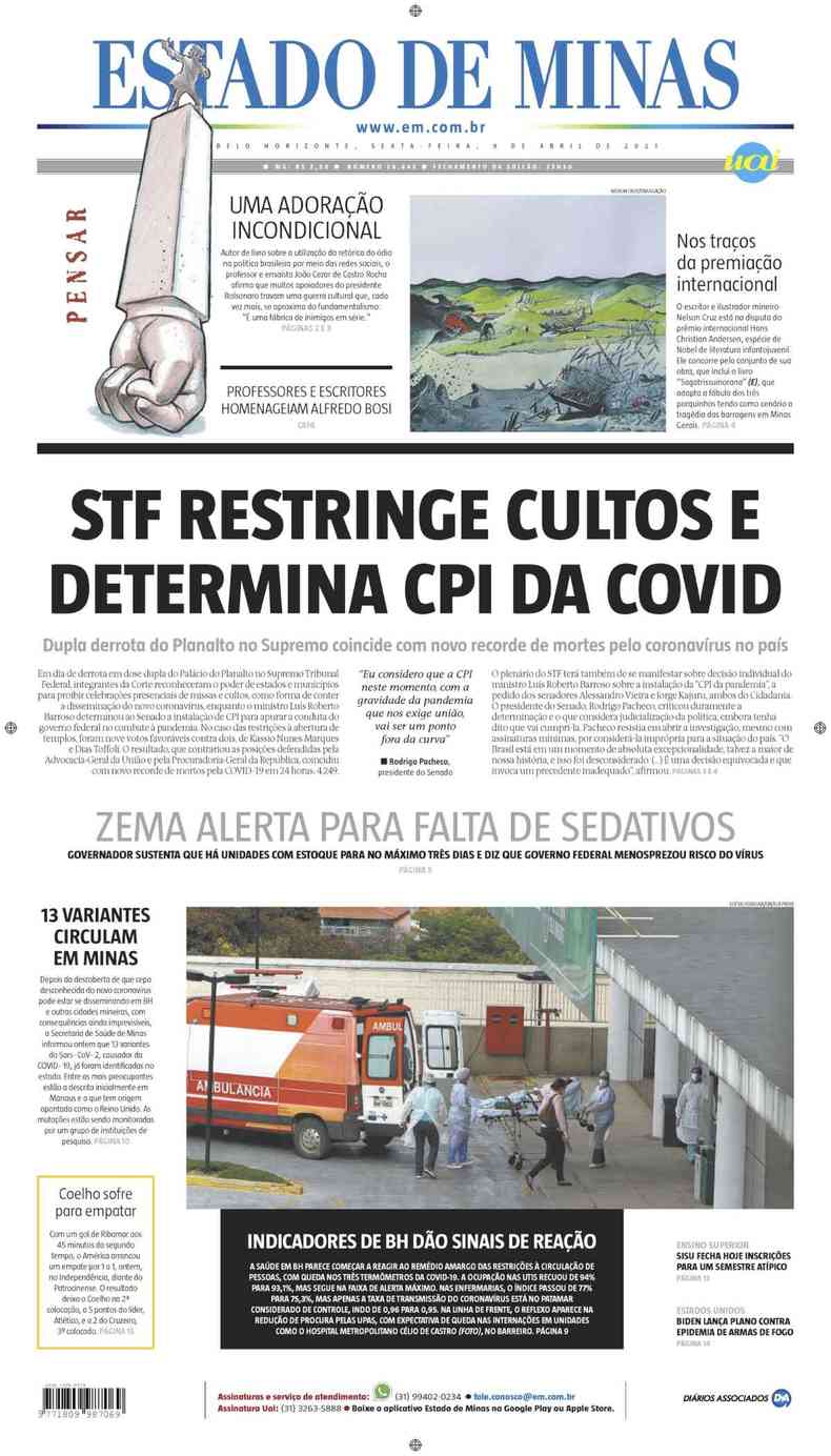 Confira a Capa do Jornal Estado de Minas do dia 09/04/2021(foto: Estado de Minas)