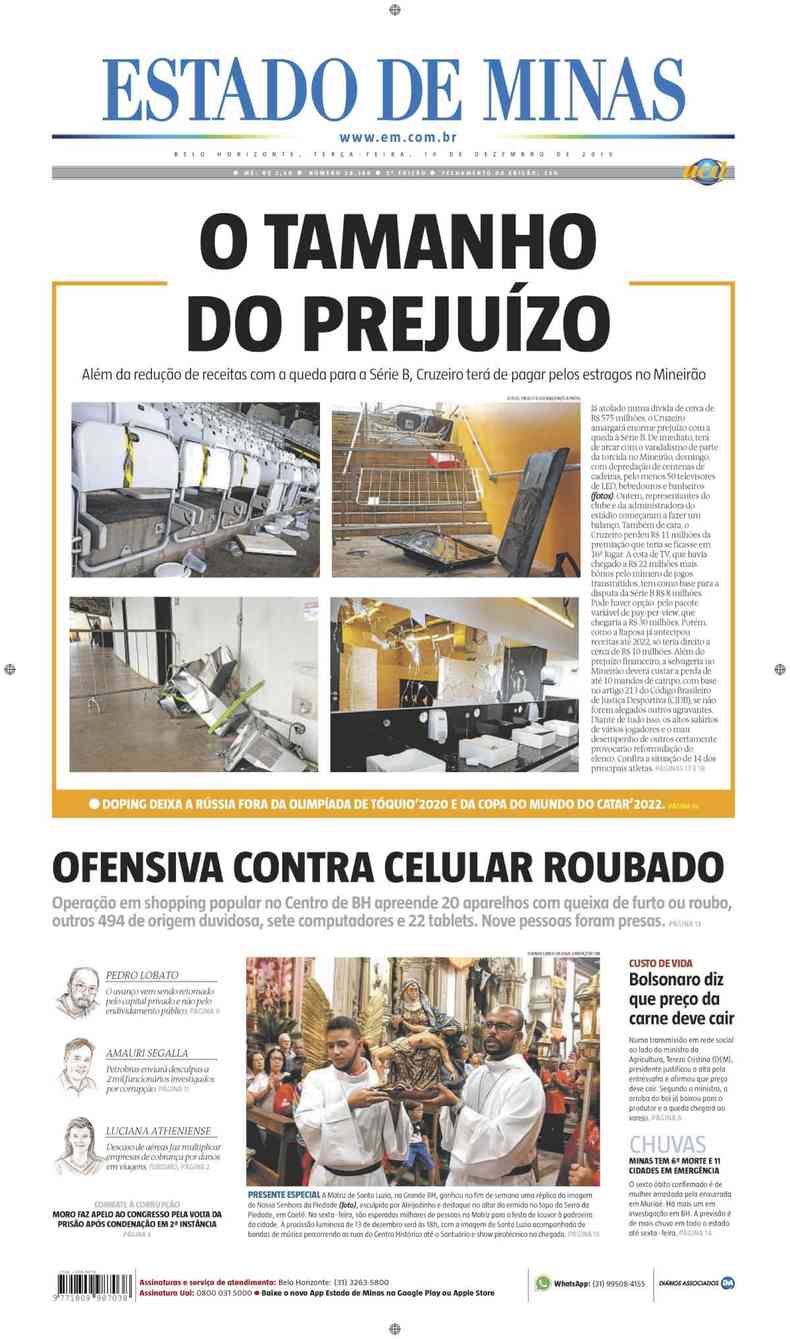 Confira a Capa do Jornal Estado de Minas do dia 10/12/2019(foto: Estado de Minas)