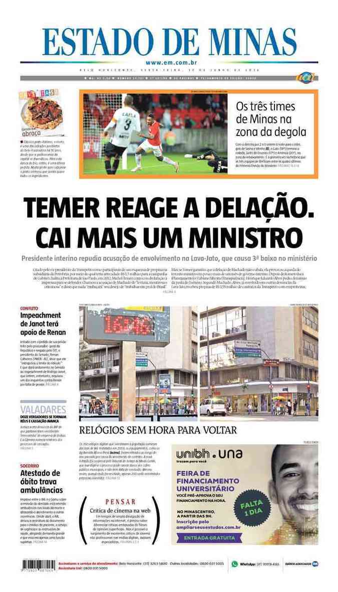 Confira a Capa do Jornal Estado de Minas do dia 17/06/2016