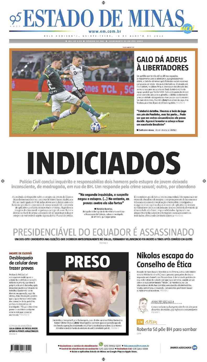 Confira a Capa do Jornal Estado de Minas do dia 10/08/2023