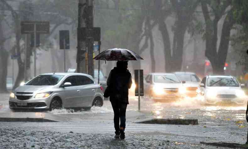 Pessoa com um guarda-chuva em BH durante uma pancada, carros passando na rua