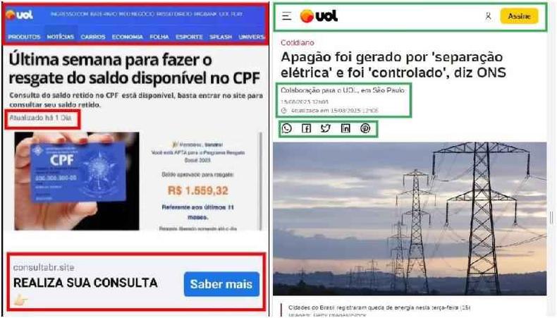 Comparao feita em 15 de agosto de 2023 entre a imagem manipulada (E) e uma matria original do portal UOL