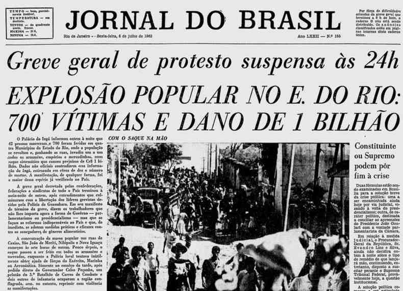 Capa do Jornal do Brasil com a manchete 'Explosão popular no Estado do Rio: 700 vítimas e dano de 1 bilhão'