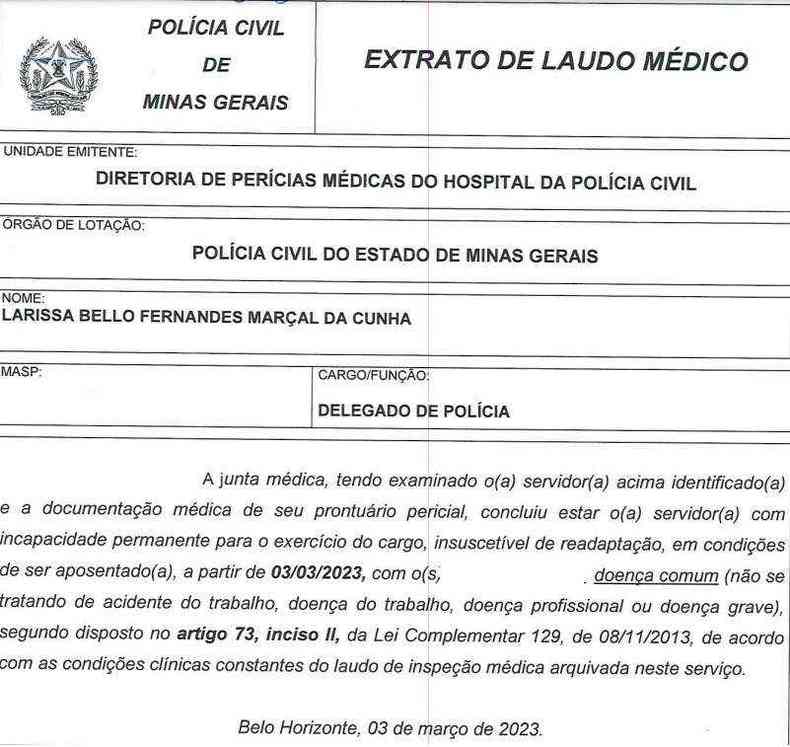 Laudo médico emitido pela Polícia Civil para Larissa
