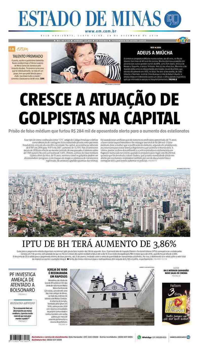 Confira a Capa do Jornal Estado de Minas do dia 28/12/2018(foto: Estado de Minas)