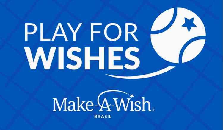 Imagem campanha de Beach Tennis com fundo azul e escrito em branco: Play For Wishes