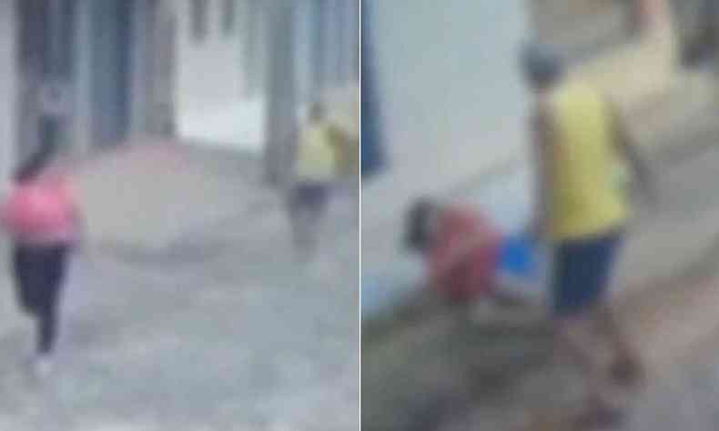 Frames do vdeo que mostram homem perseguindo e agredindo mulher na rua 