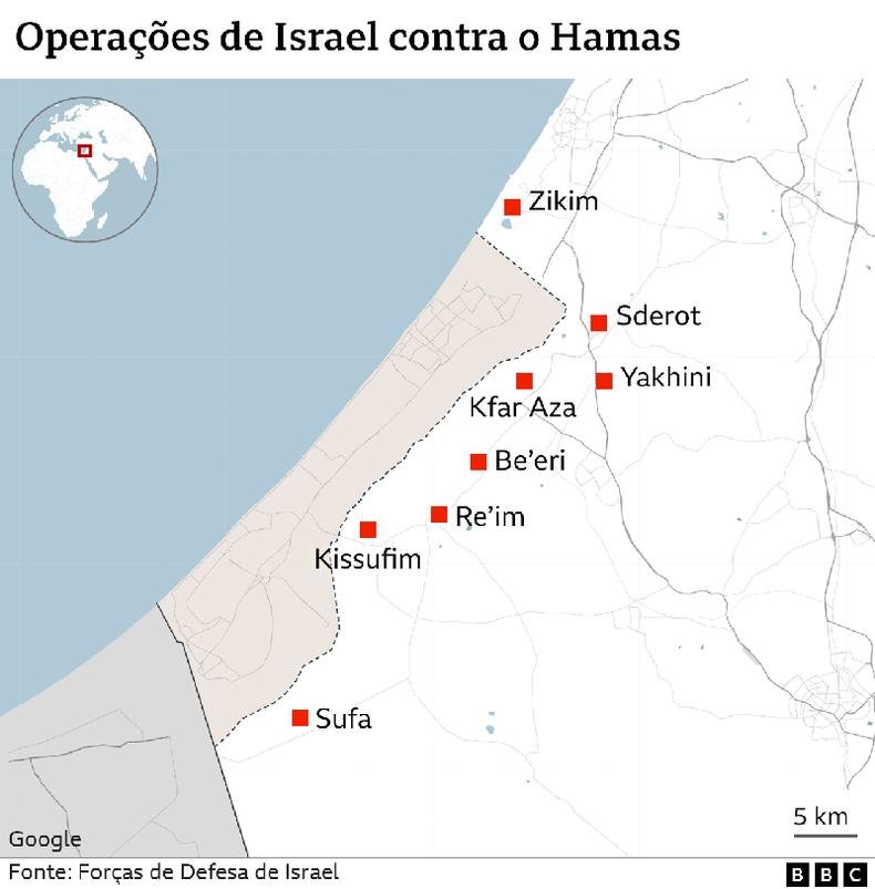 Locais em que ocorreram combates ativos entre Israel e Hamas e foram retomados pelas forças israelenses(foto: BBC) Locais com combates ativos entre Israel e Hamas próximos de Gaza (demarcada em pontilhado)