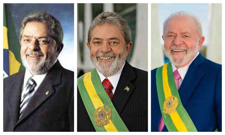 Montagem com as fotos oficiais de Lula em 2003, 2007 e 2023