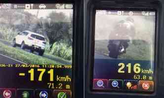 Flagrantes de abuso de velocidade, envolvendo uma caminhonete e uma moto: motoristas pagaram multa de R$ 575 e tero carteiras apreendidas(foto: PRF/Divulgao)