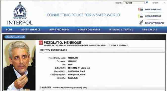 Em novembro, foto de Pizzolato foi includa na lista de procurados no site da Interpol, que rene polcias de vrios pases (foto: Reproduo)