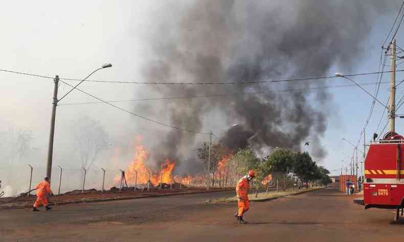 Bombeiros combatem incndio na Reserva do Capo da Lagoa, em Ituiutaba