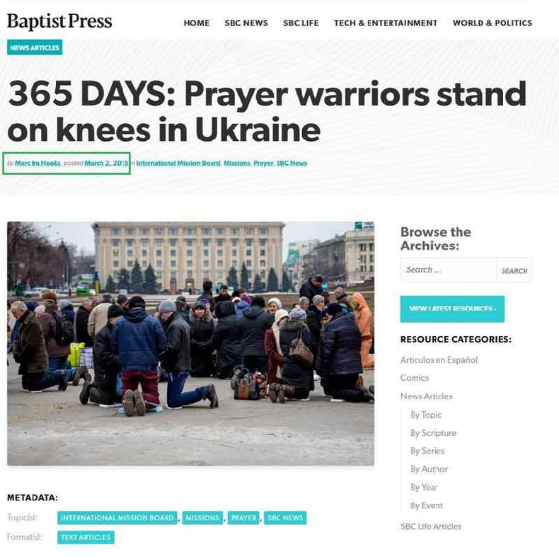 Captura de tela feita em 28 de fevereiro de 2022 de um artigo publicado no site Baptist Press 