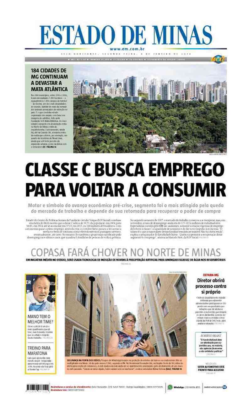 Confira a Capa do Jornal Estado de Minas do dia 08/01/2018