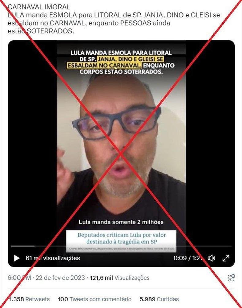 Captura de tela feita em 27 de fevereiro de 2023 de uma publica��o no Twitter