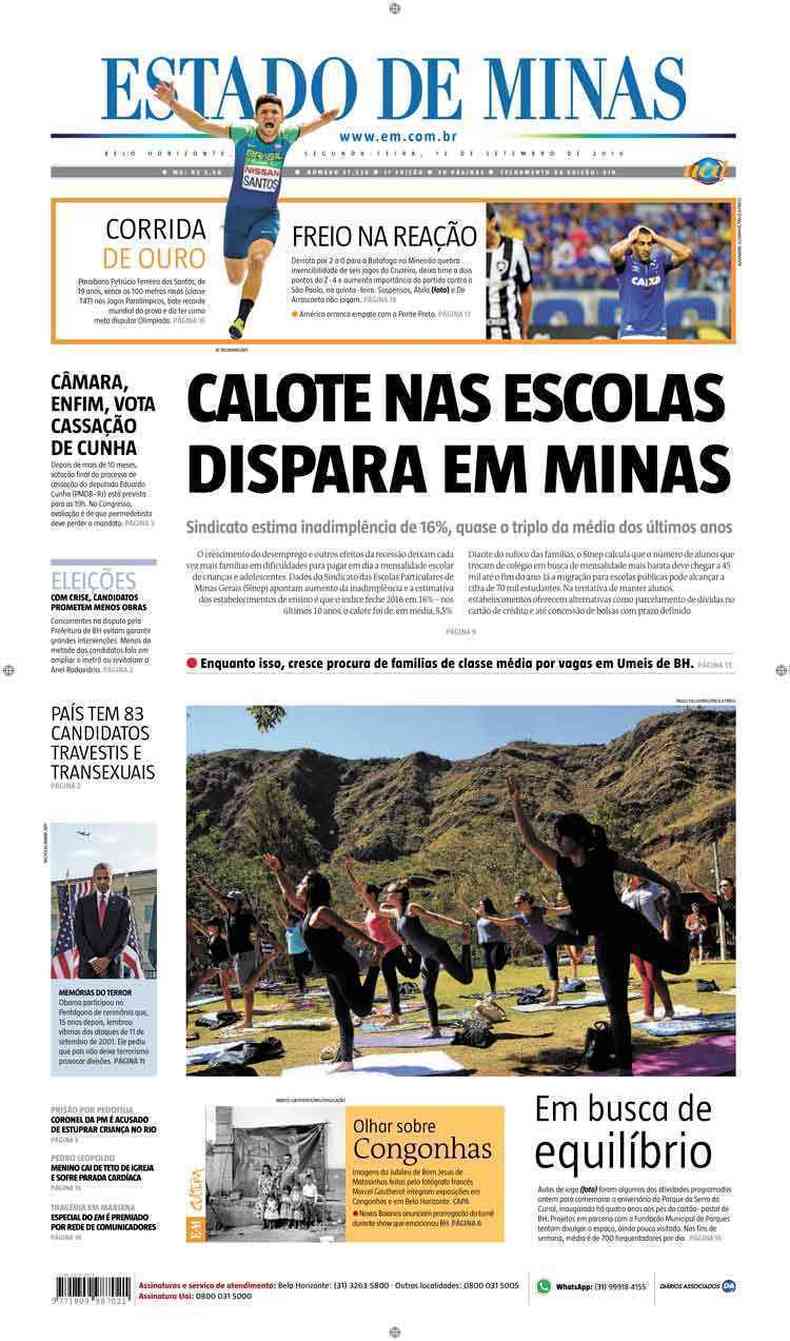 Confira a Capa do Jornal Estado de Minas do dia 12/09/2016