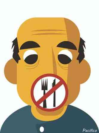 Ilustrao mostra homem e, abaixo dele, placa com sinal de proibido para alimentos 