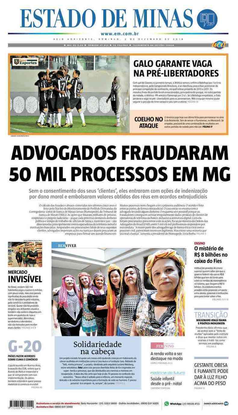 Confira a Capa do Jornal Estado de Minas do dia 02/12/2018(foto: Estado de Minas)