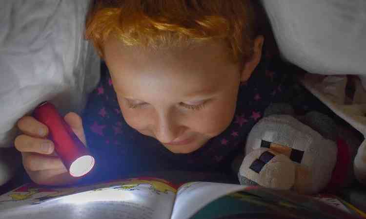 criana liga lanterna para ler  noite, deitado na cama, com seu ursinho