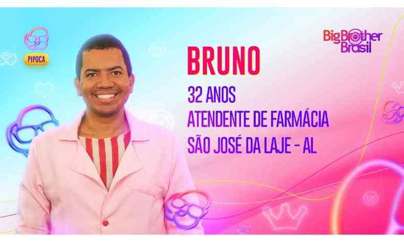 Imagem ilustrativa do participante Bruno, um homem negro de cabelos curtos e crespos. Ele usa uma camisa de botes rosa claro por cima de uma camiseta listrada em vermelho e branco.