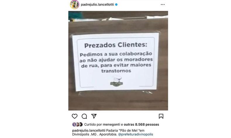 O padre usou o perfil no Instagram para denunciar o caso(foto: Reprodução Instagram Padre Júlio Lancellotti) imagem do post do Padre Júlio Lancellotti