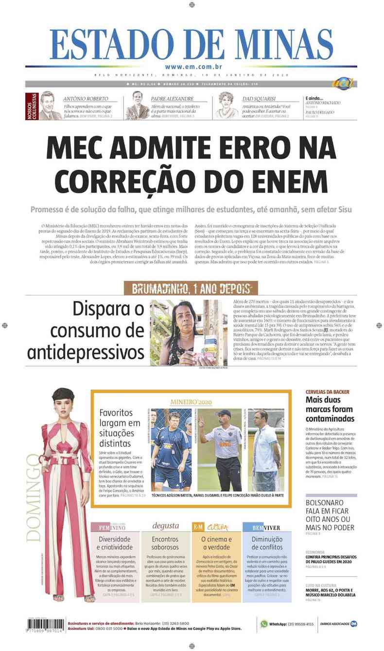 Confira a Capa do Jornal Estado de Minas do dia 19/01/2020(foto: Estado de Minas)