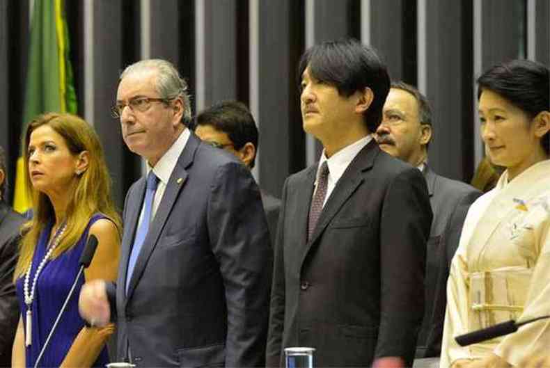 A jornalista Cludia Cruz ao lado do marido, Eduardo Cunha, durante a recepo na Cmara dos Deputados ao prncipe japons Akishino e  princesa Kiko(foto: Antnio Cruz/Agncia Brasil)