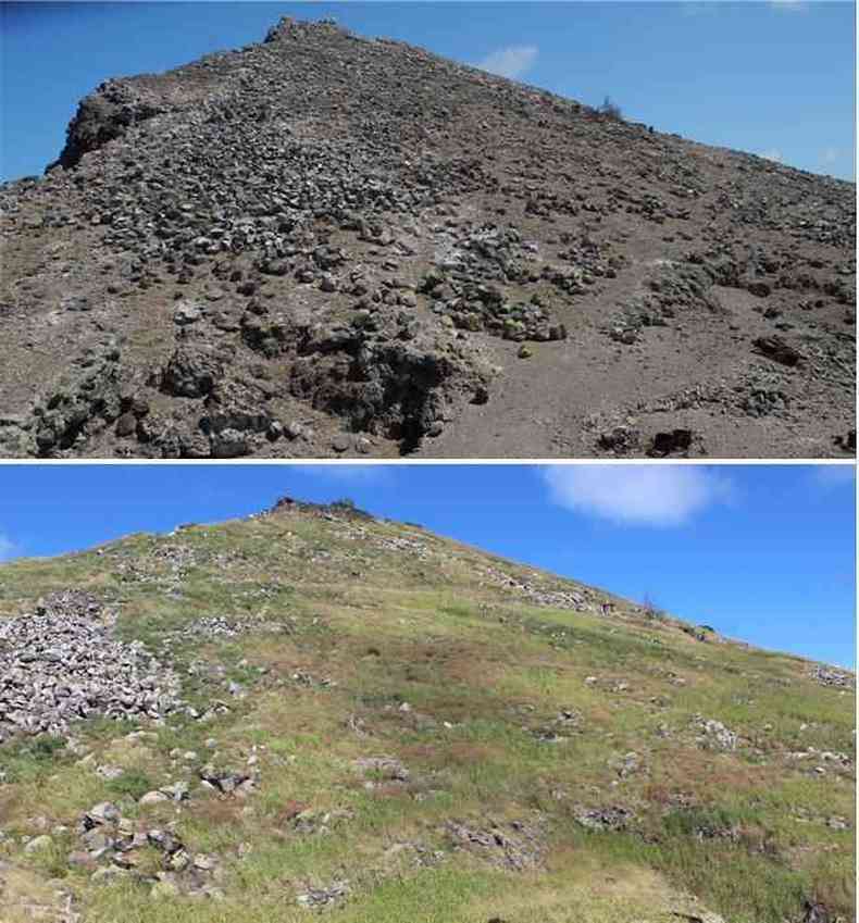 Fotos tiradas em 2012 (acima) e 2020 (embaixo) mostram a transformao da ilha(foto: Jenny Daltry y Cole White)
