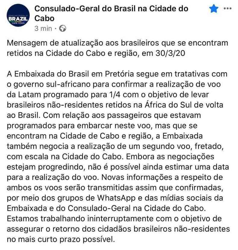 Mensagem enviada pela Embaixada aos brasileiros na frica do Sul(foto: Reproduo)