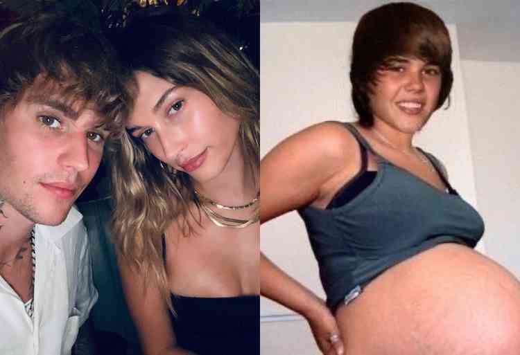 Montagem de foto do casal Bieber e um meme de Justin com um corpo de uma mulher grvida 
