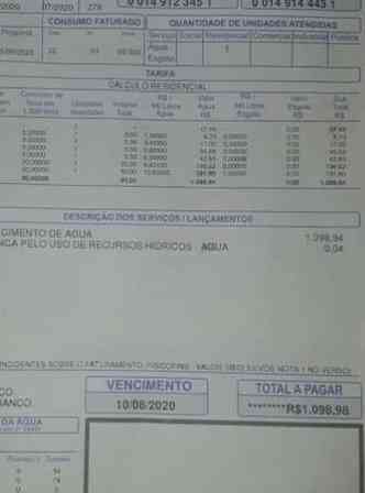 Viviane Teixeira recebeu a conta da Copasa com a cobrana de mais de R$ 1 mil(foto: Arquivo pessoal)